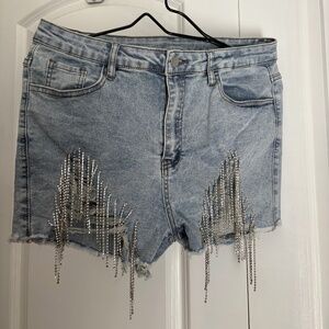 Rhinestone Fringe Denim Shorts